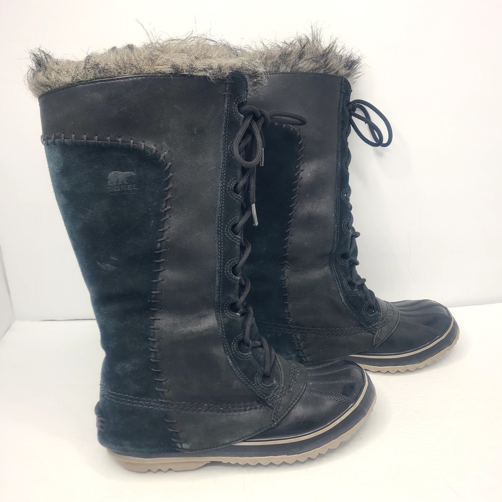 SOREL Cate the Great Winter Tall Suede Leather Boots Womens 7 Faux‎ Fur Black - Picture 2 of 9
